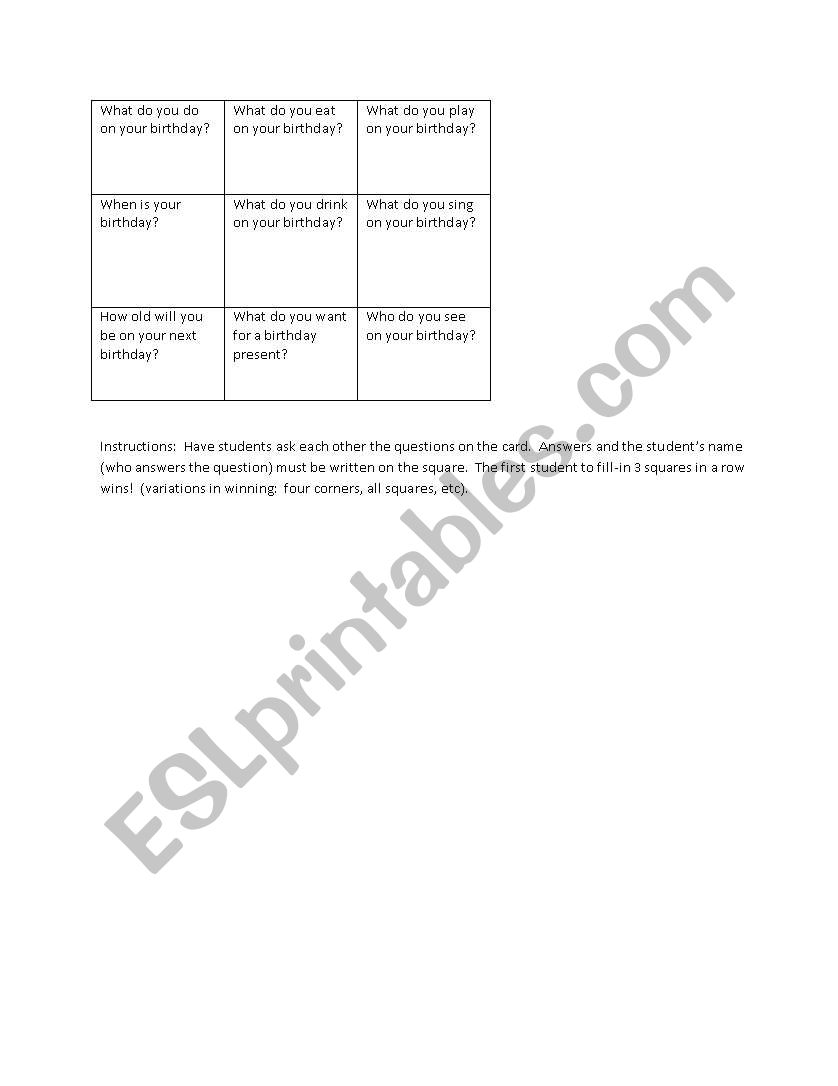 Birthday survey worksheet