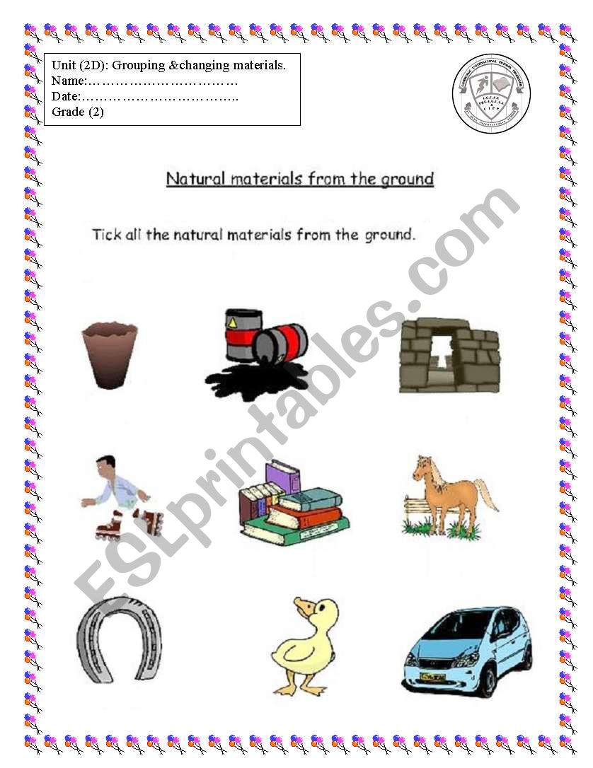 Natural materials worksheet