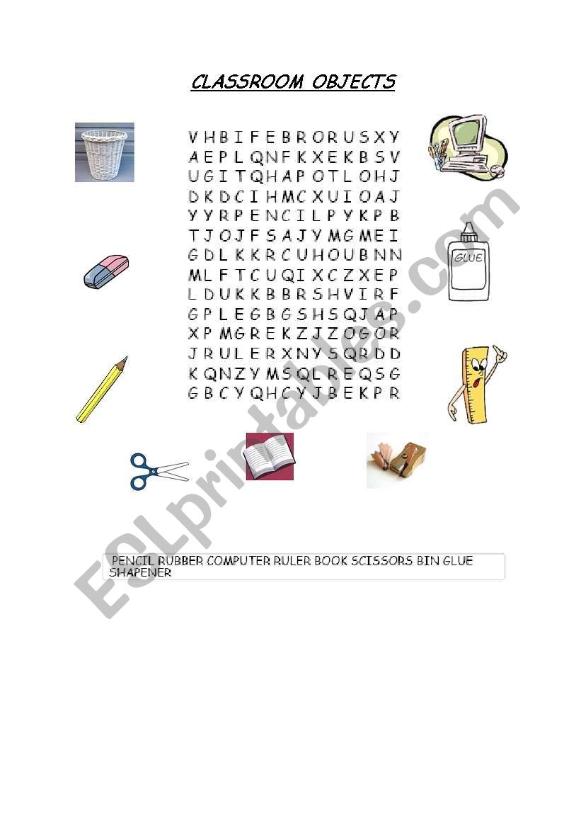 Classroom objects Wordsearch worksheet