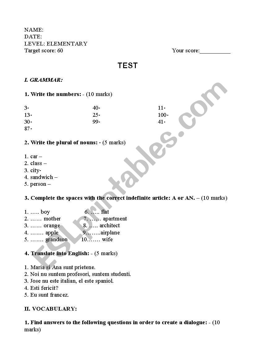 TEST PAPER worksheet
