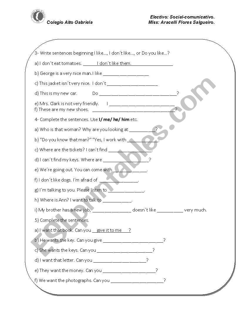 subject and object pronoun worksheet