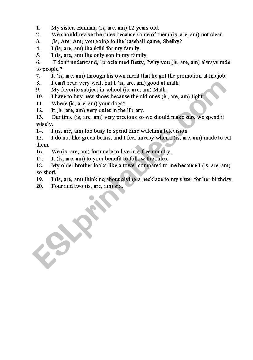 verb to be worksheet