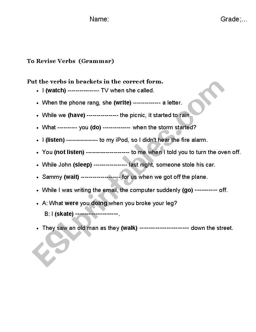 revise tenses of verbs worksheet