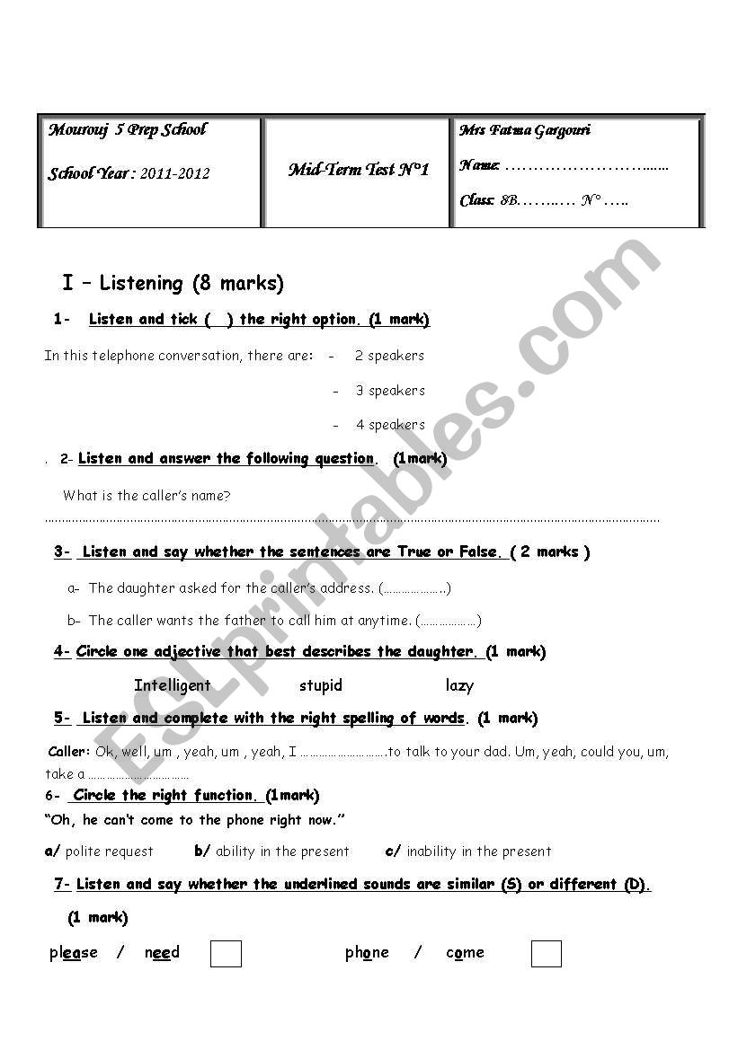 8th form test N1 worksheet