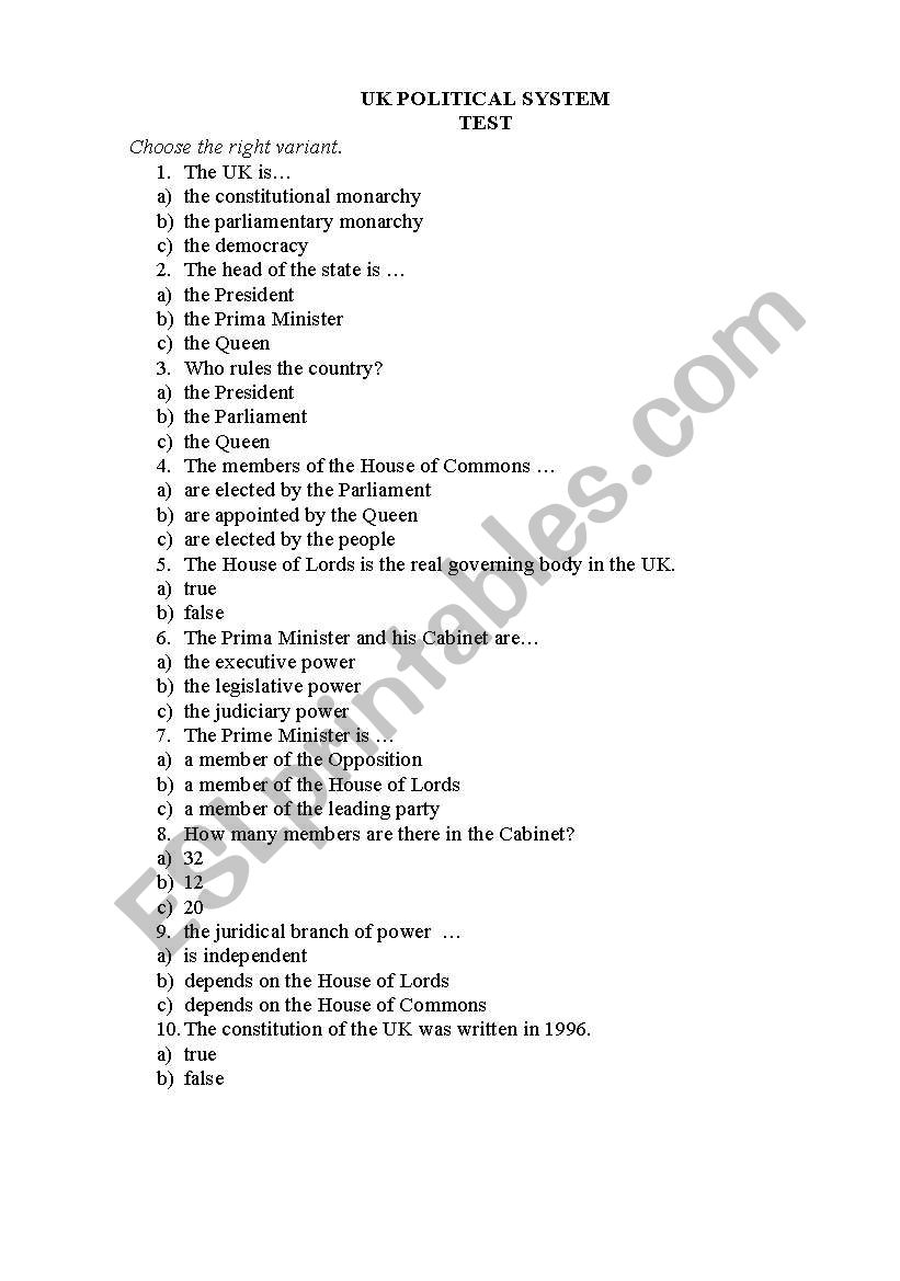 UK political system test worksheet