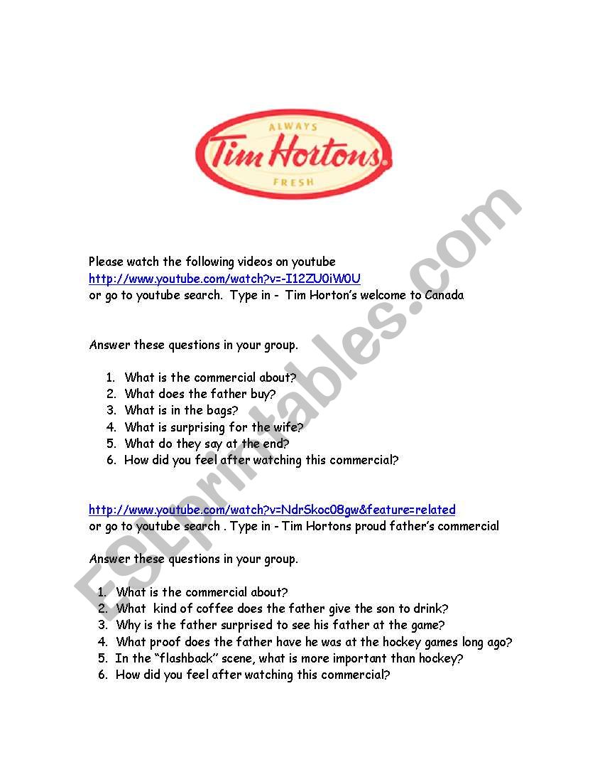 Tim HortonS in Canada worksheet