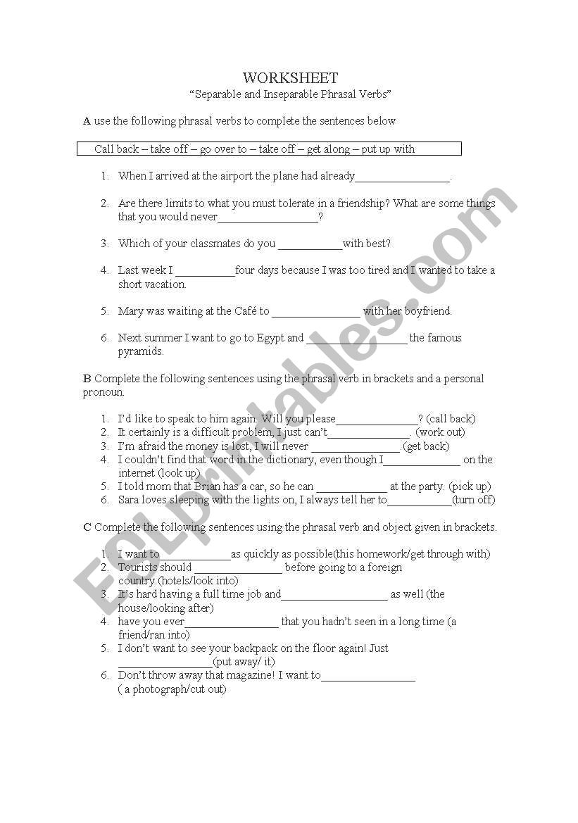  Separable And Inseparable Phrasal Verbs ESL Worksheet By Silvanitareyes