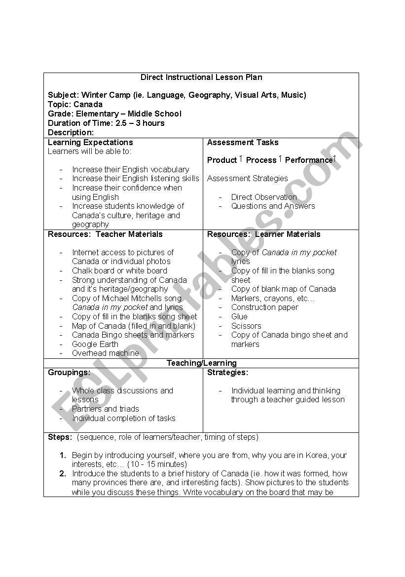 Canada Lesson Plan worksheet