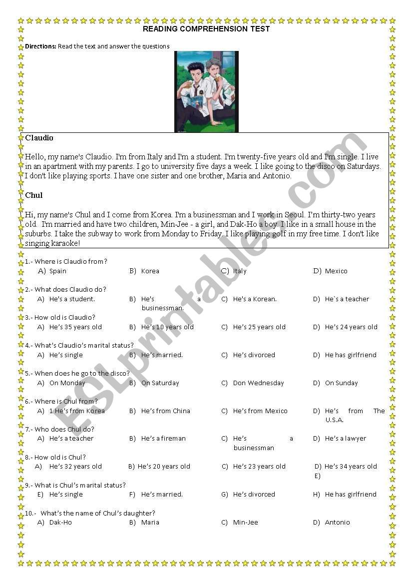 English Worksheets Reading Comprehension Personal Information 3414