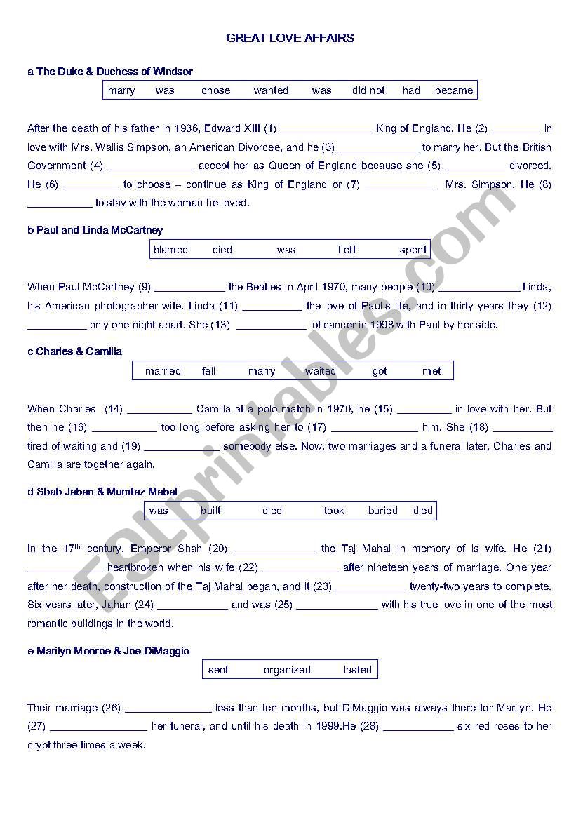 GREAT LOVE AFFAIRS worksheet