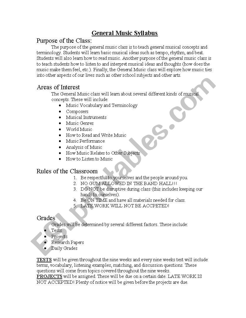 General Music Syllabus worksheet