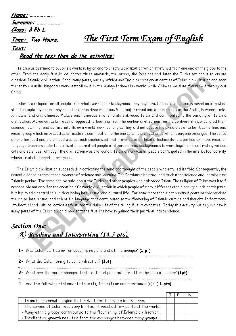 First term examination worksheet