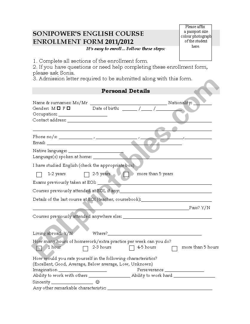 Enrollment Form worksheet