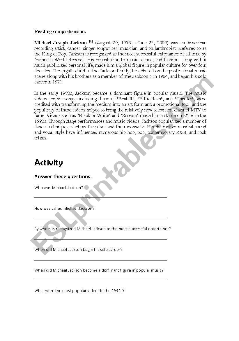 Michael Jackson Biography  worksheet