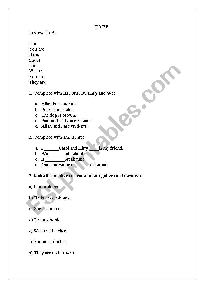 VERB TO BE worksheet