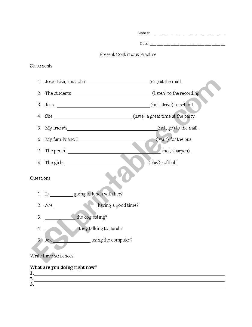 Present Continuous Practice worksheet