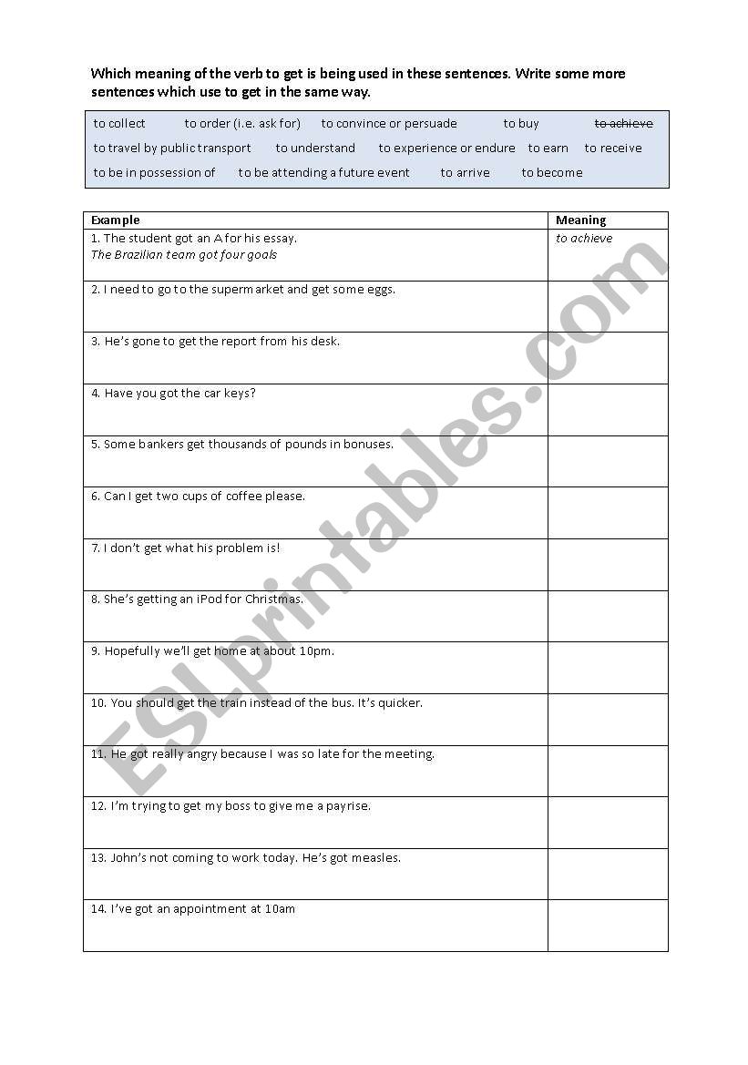 Uses of the verb get worksheet