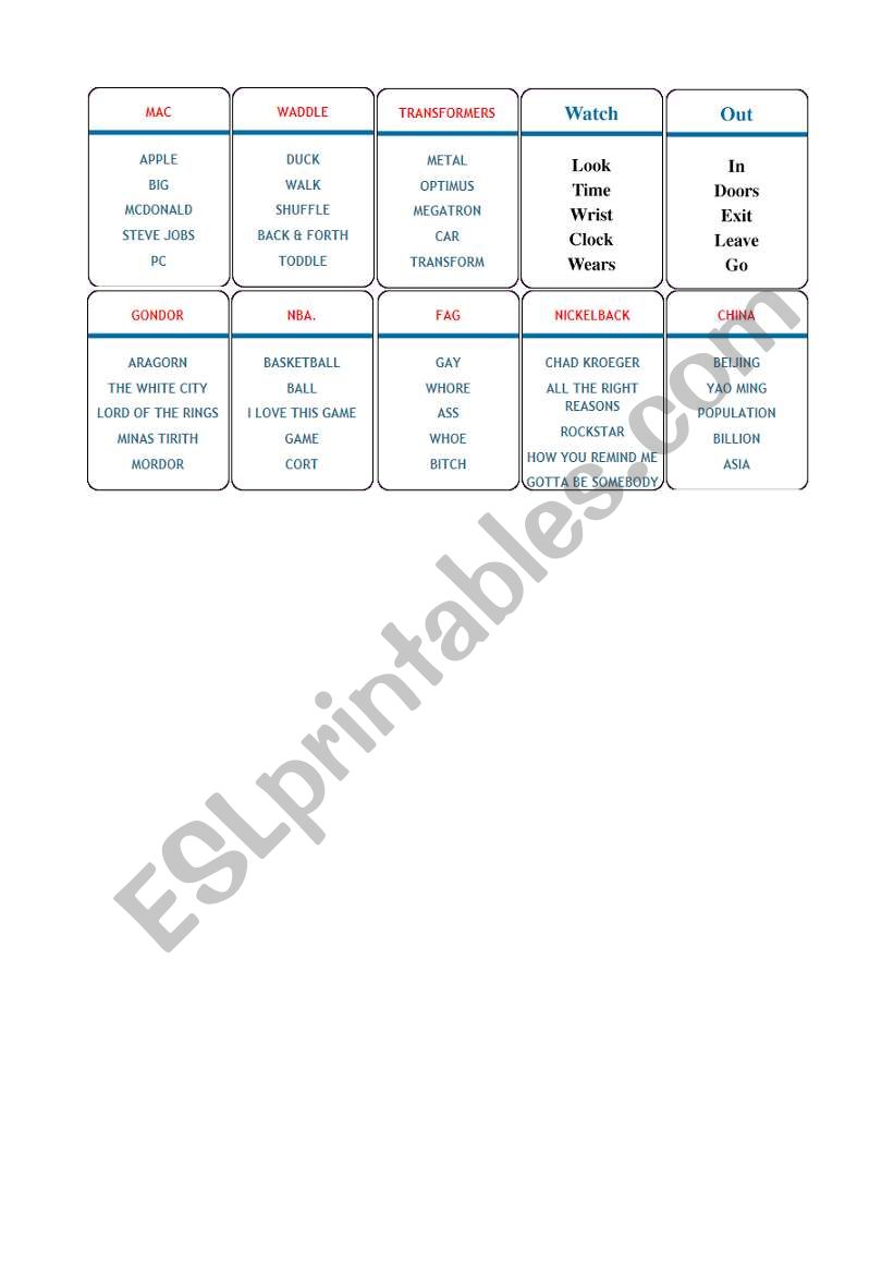 taboo game - 10 cards worksheet