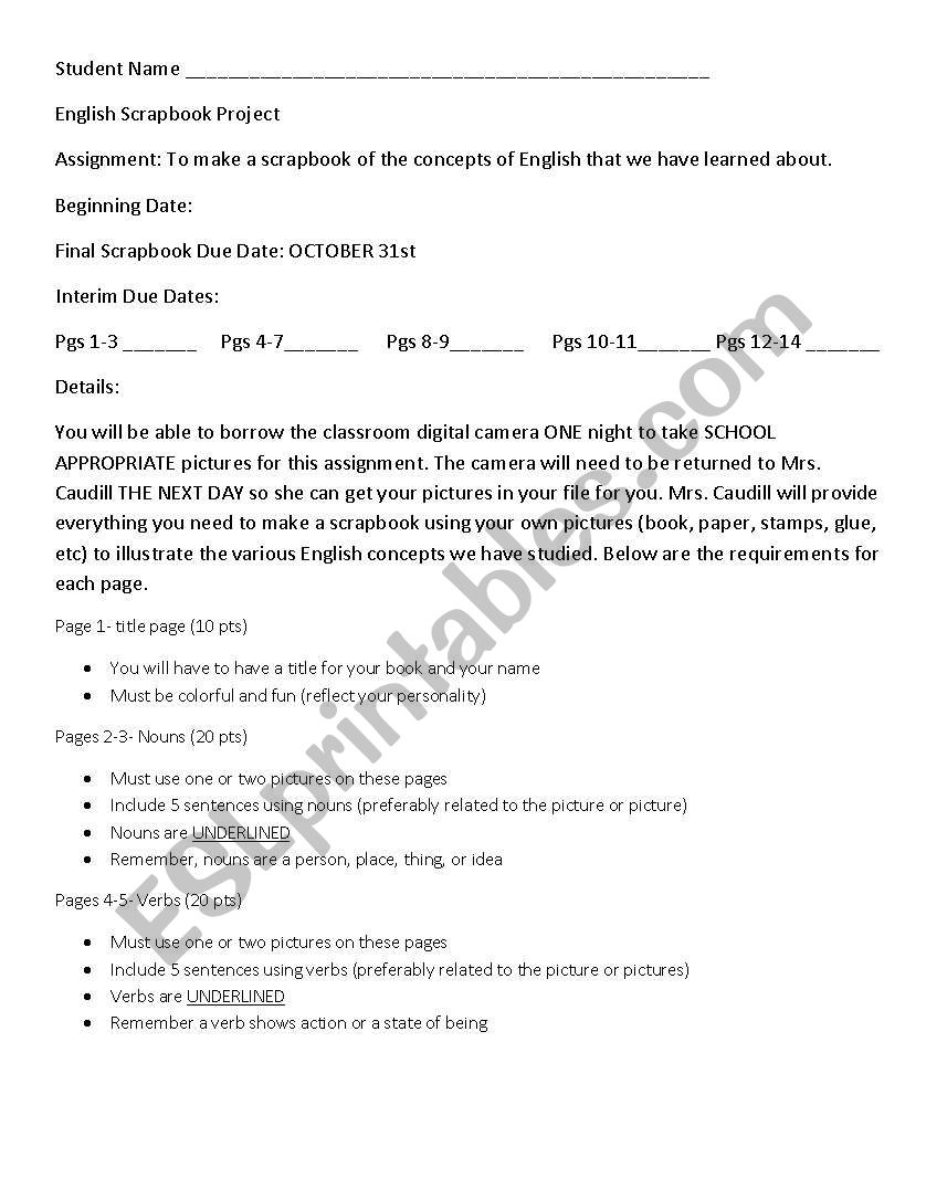 Parts of Speech Scrapbook worksheet