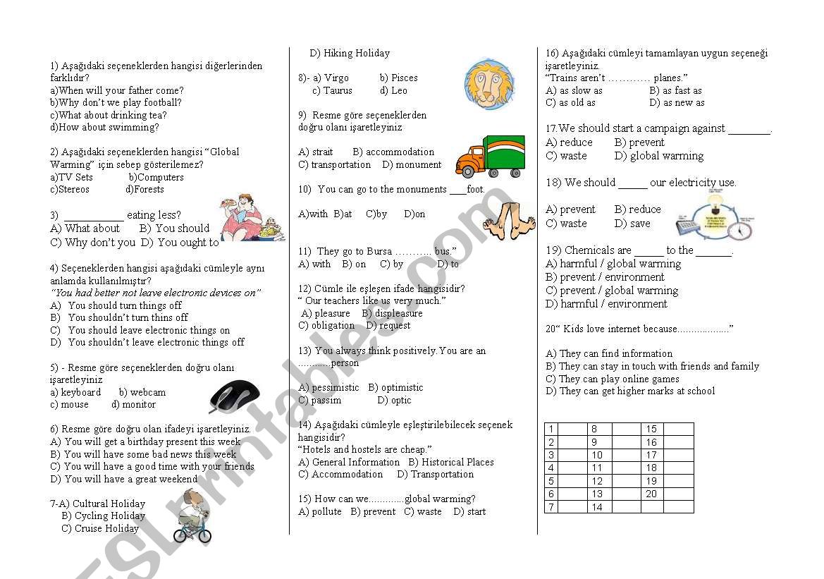 7th year 2nd exam test page worksheet