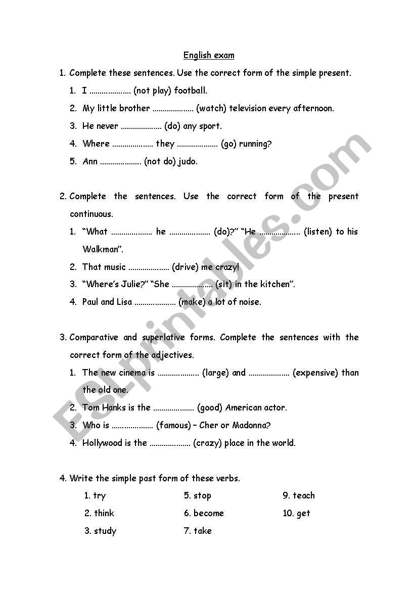 English exam worksheet