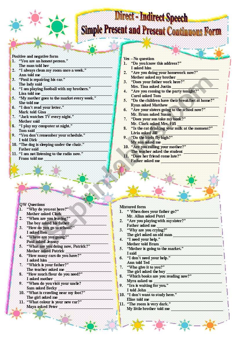 Direct Indirect Speech ESL Worksheet By K3shi4