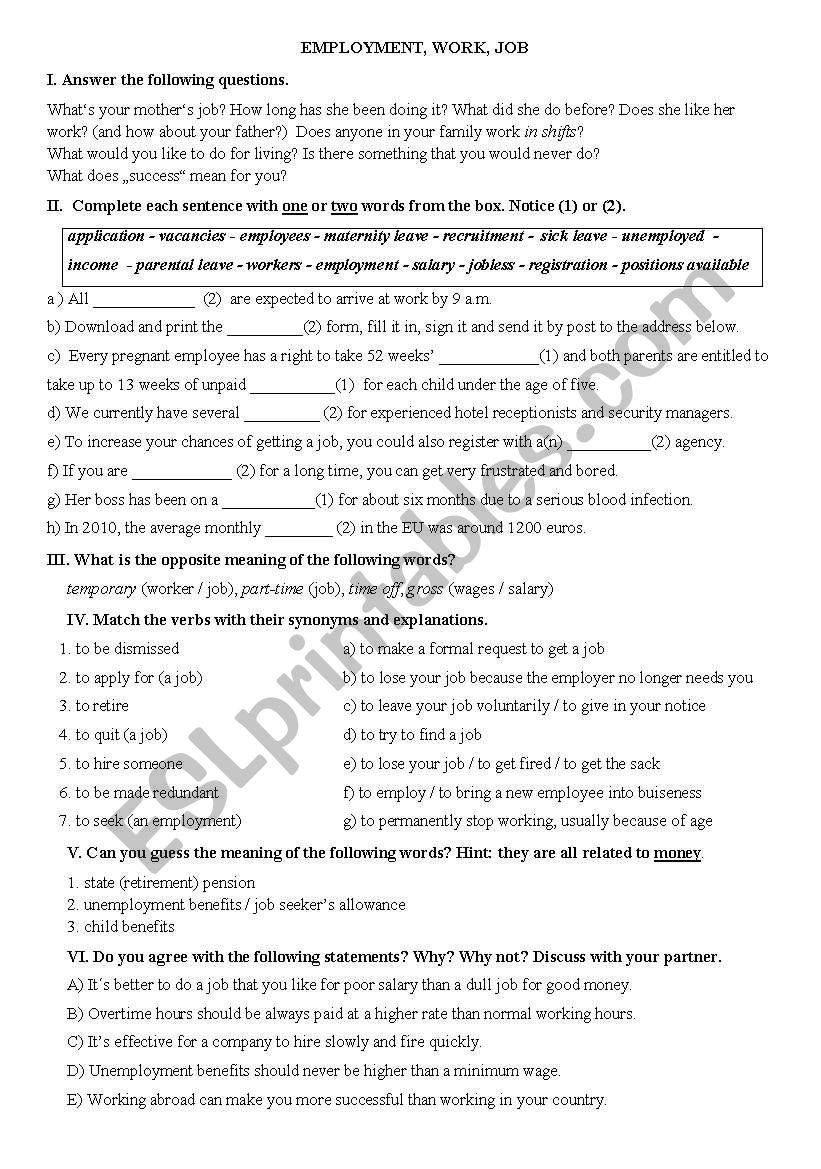 Work and Employment worksheet