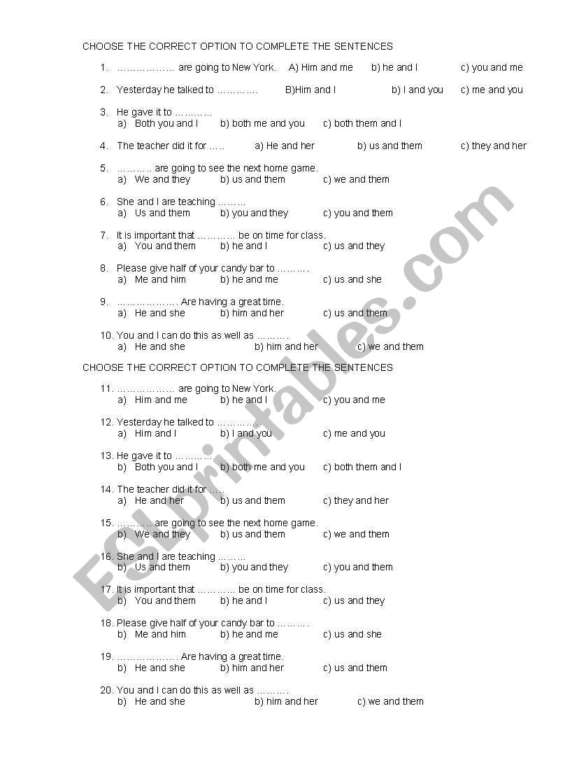 Subject pronouns or object pronouns - ESL worksheet by mcp846