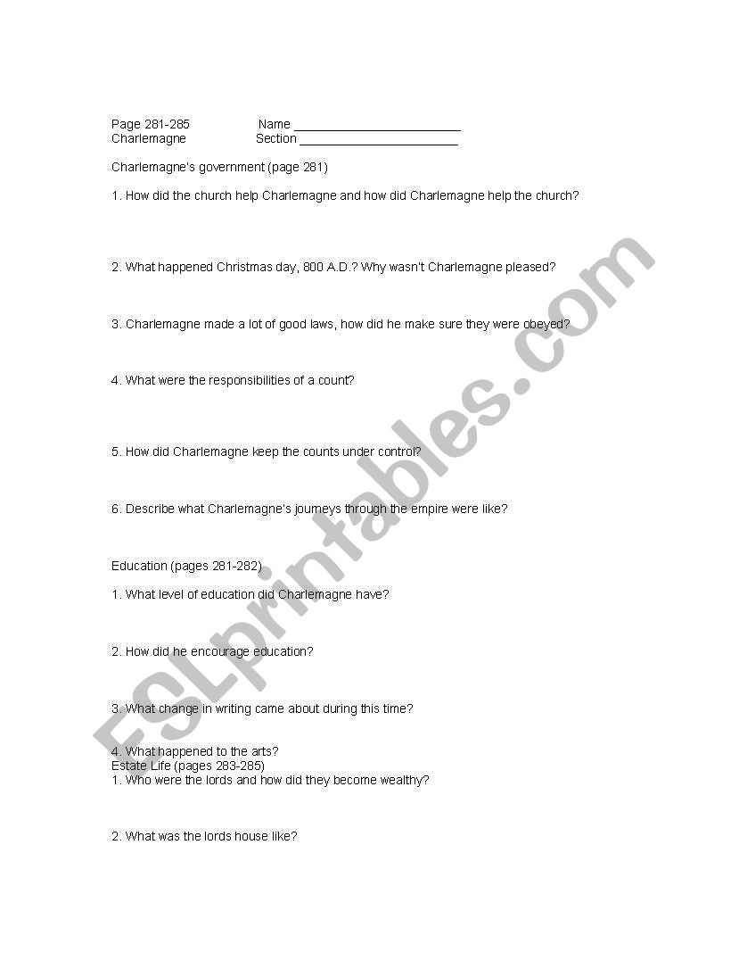 charlemagne worksheet