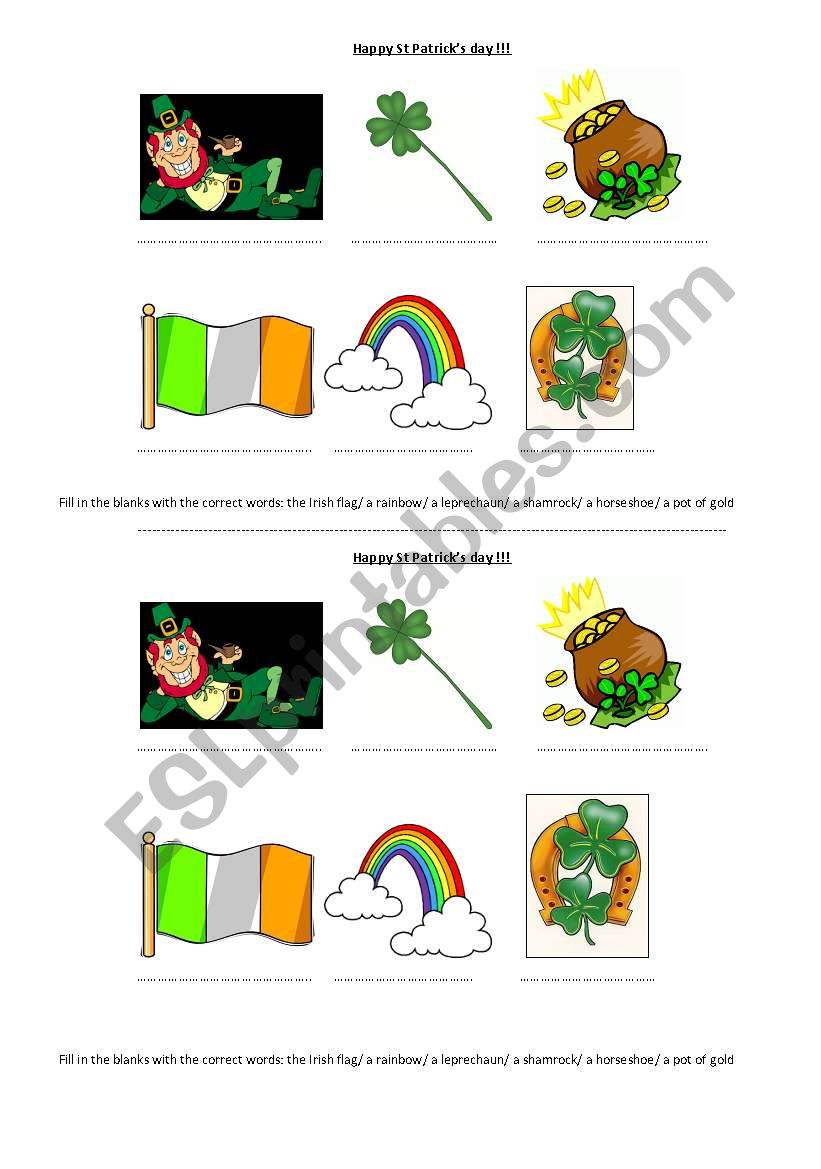 St Patricks Day Vocabulary Worksheet (fill in the blanks)