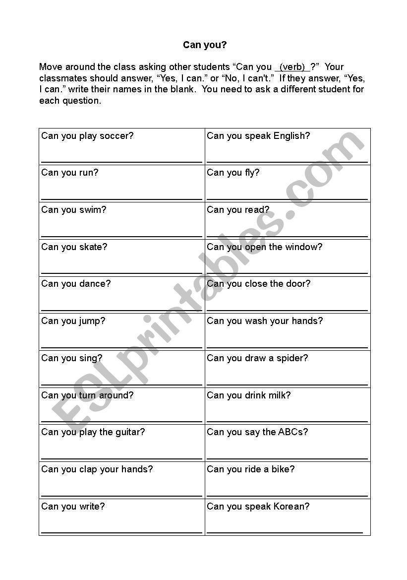 Survey:  Can you? worksheet