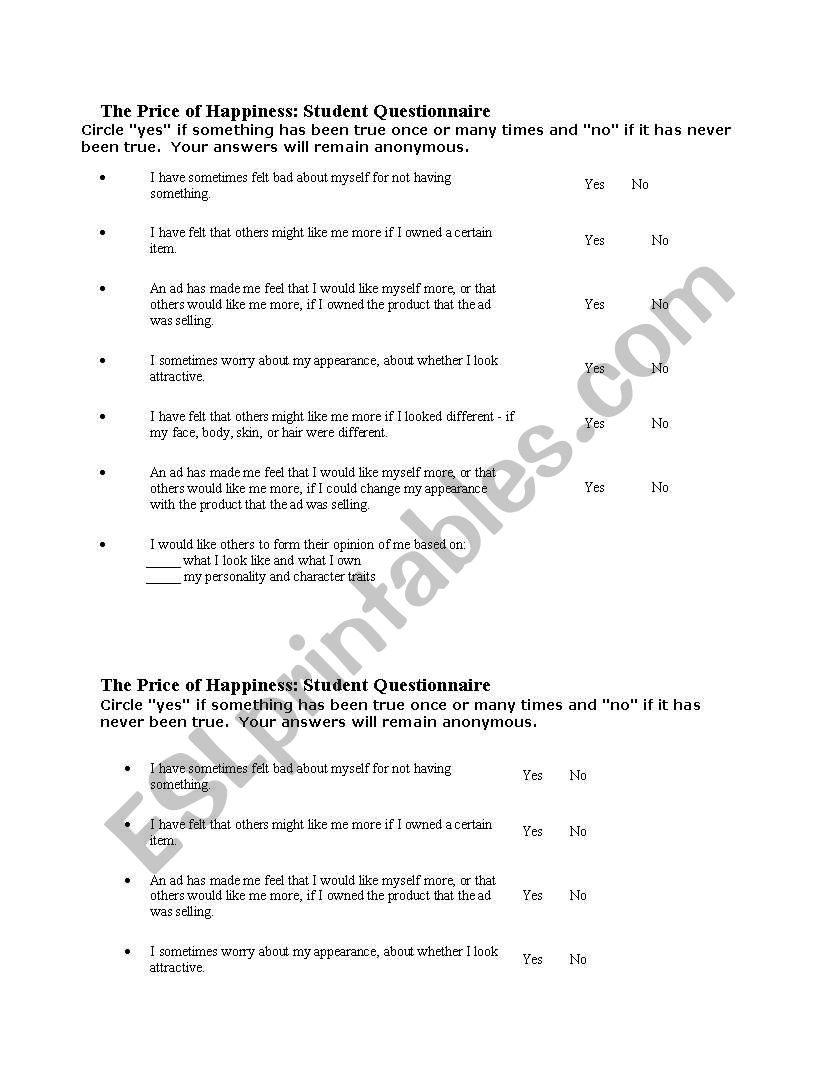 Price of Happiness worksheet