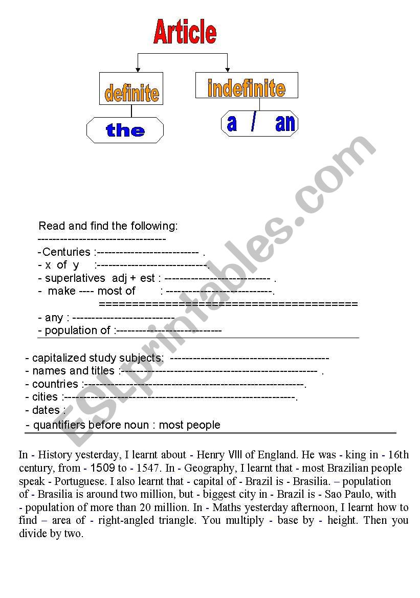 articles worksheet