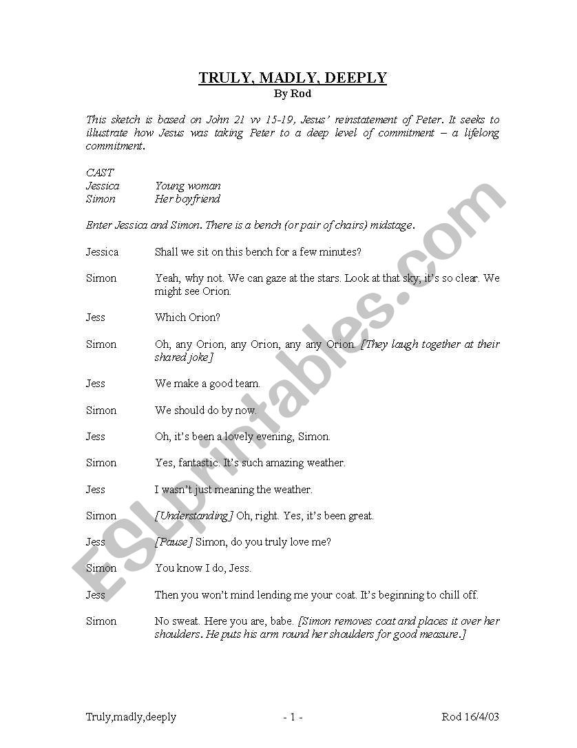 song truly madly deeply worksheet