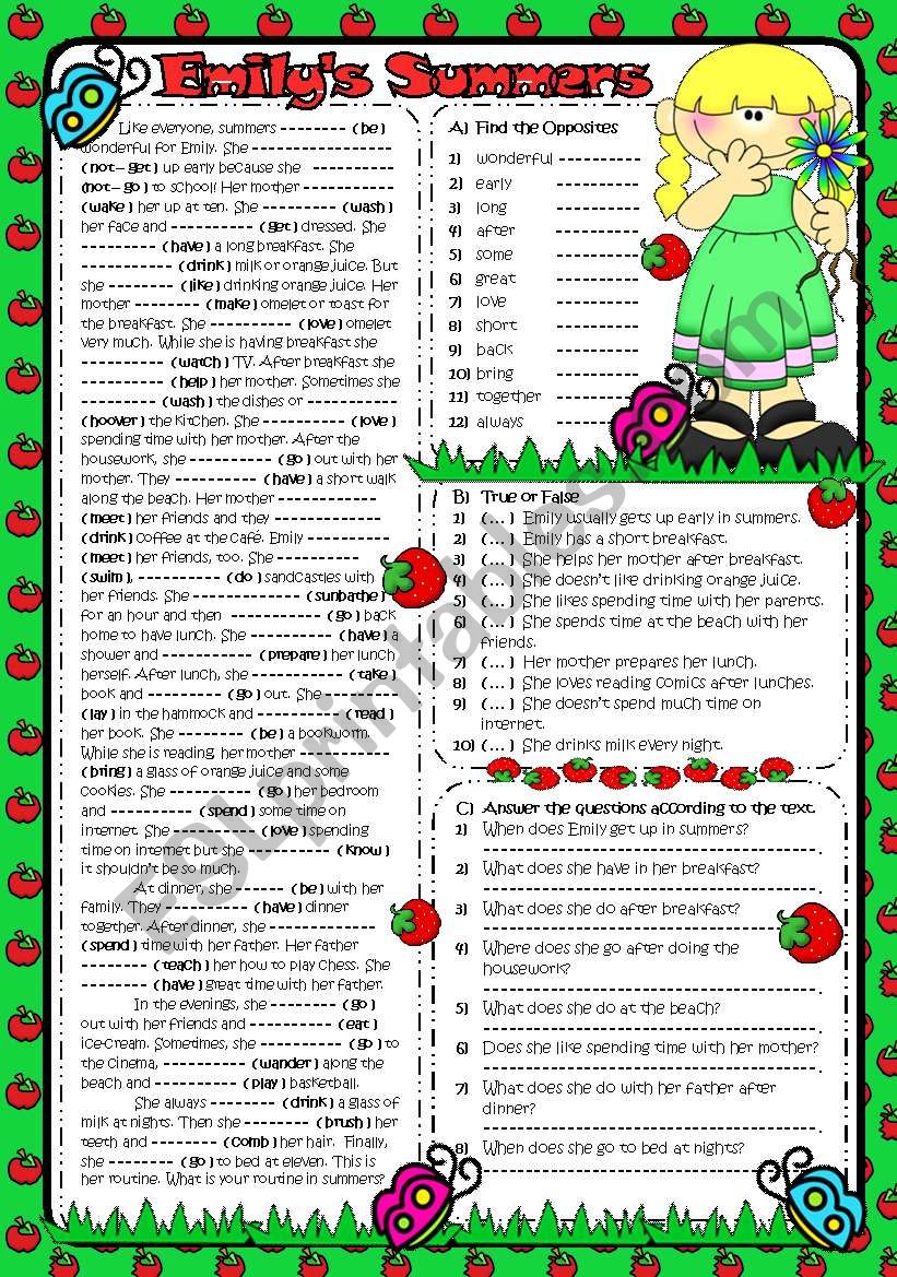 EMILY´S SUMMERS (B&W INCLUDED) (2PAGES) - ESL Worksheet By Lady_gargara