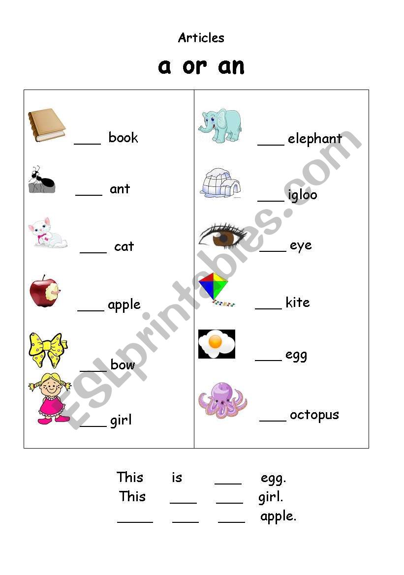 Articles  worksheet