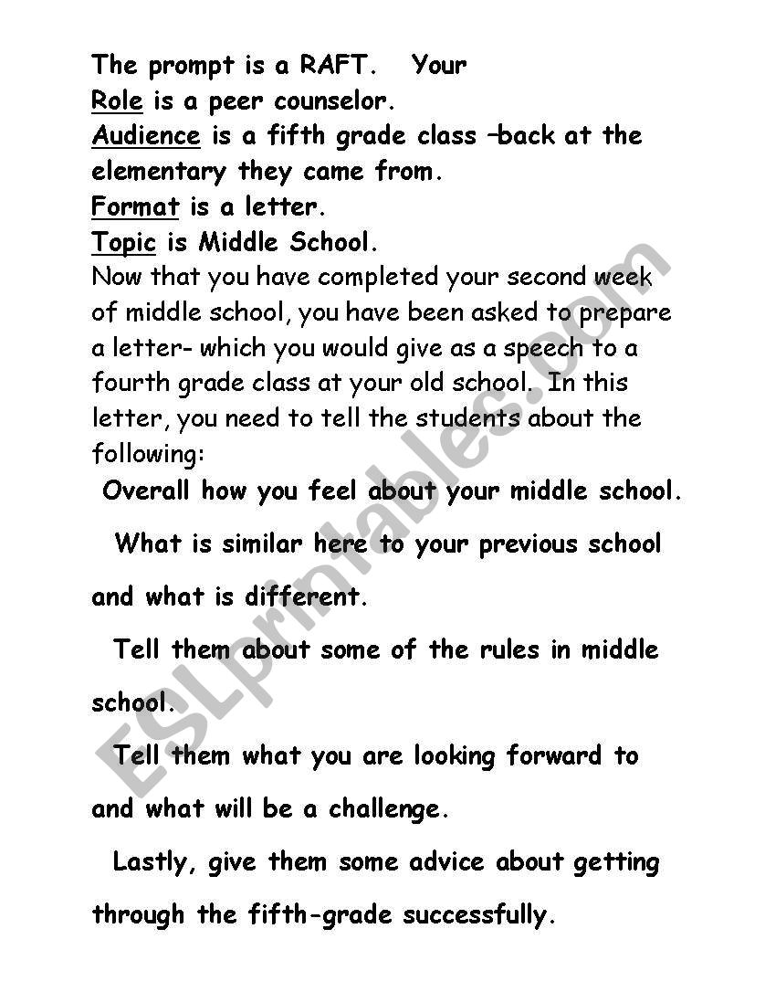 RAFT fifth or sixth grade letter or speech beginning of school year