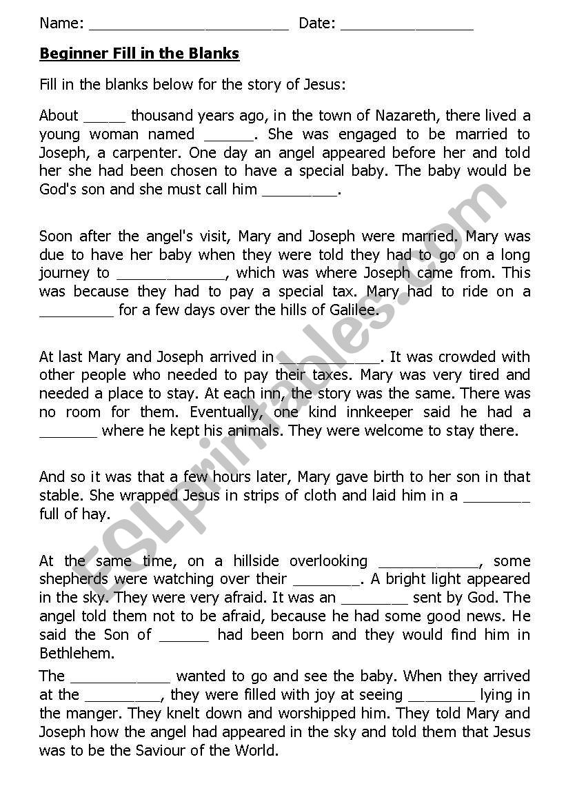 The story of Jesus worksheet