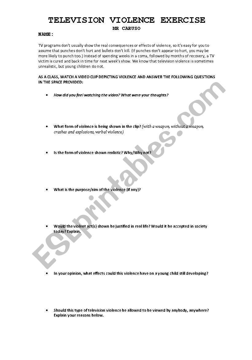 English worksheets Television Violence Response