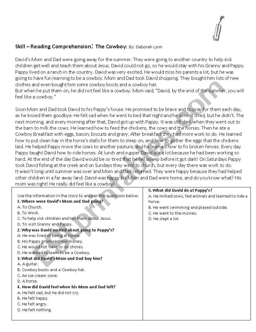 cowboy comprehension worksheet