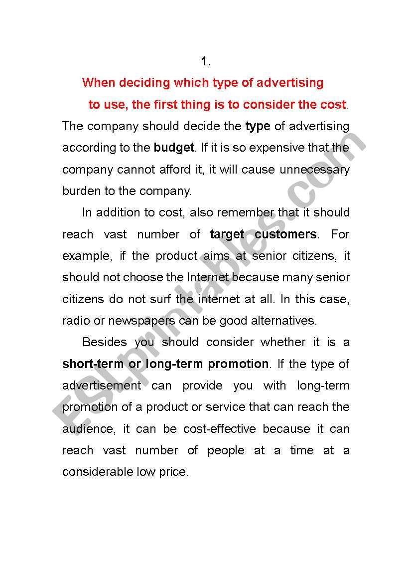 Basic facts about Advertising worksheet