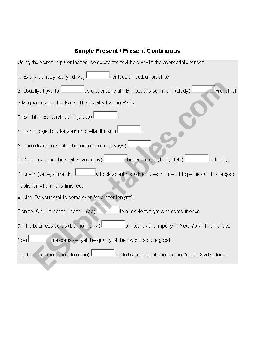 Present Simple or Continuous worksheet