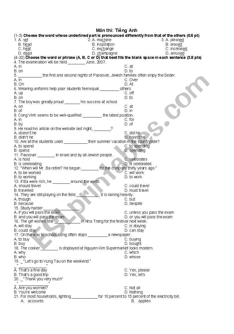 Test for pre-intermediate worksheet