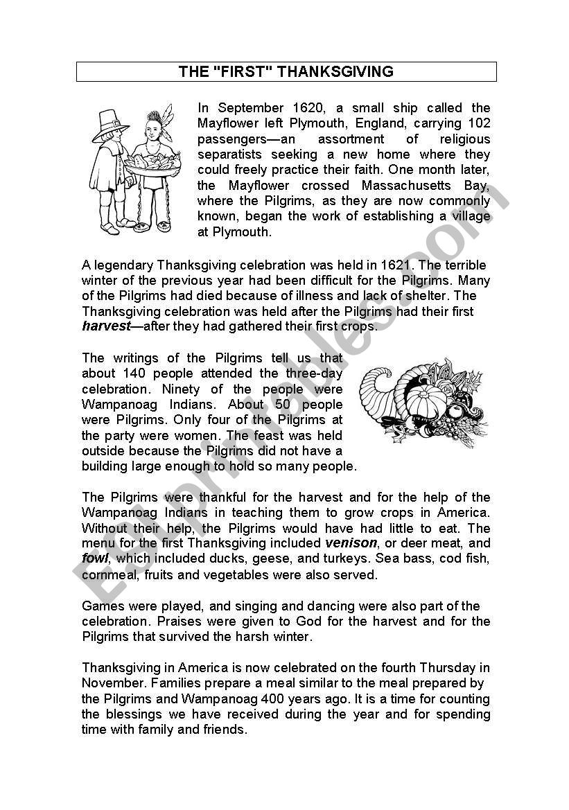 History Of Thanksgiving Worksheets
