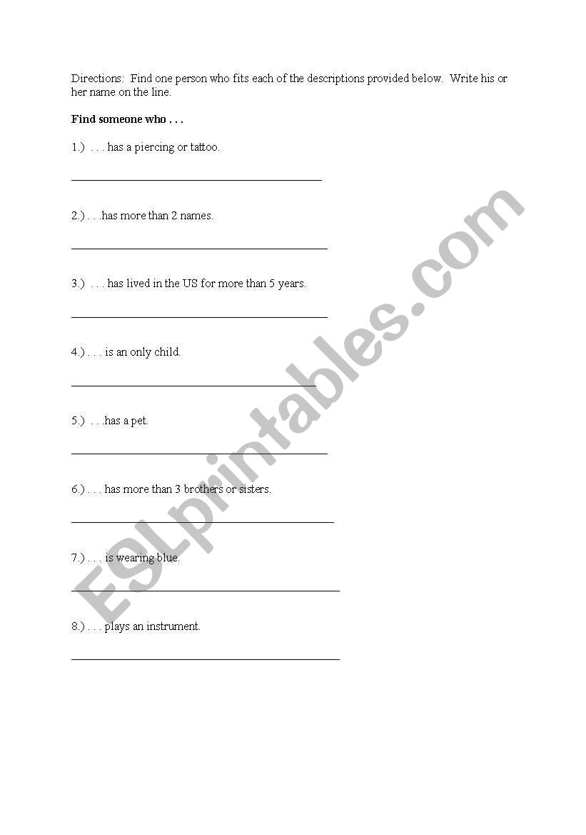Find Someone Who worksheet
