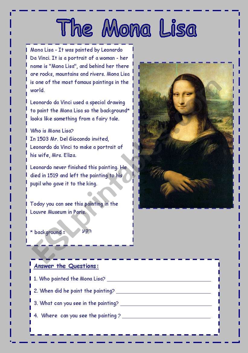 Art The Mona Lisa Esl Worksheet By Tsafnat