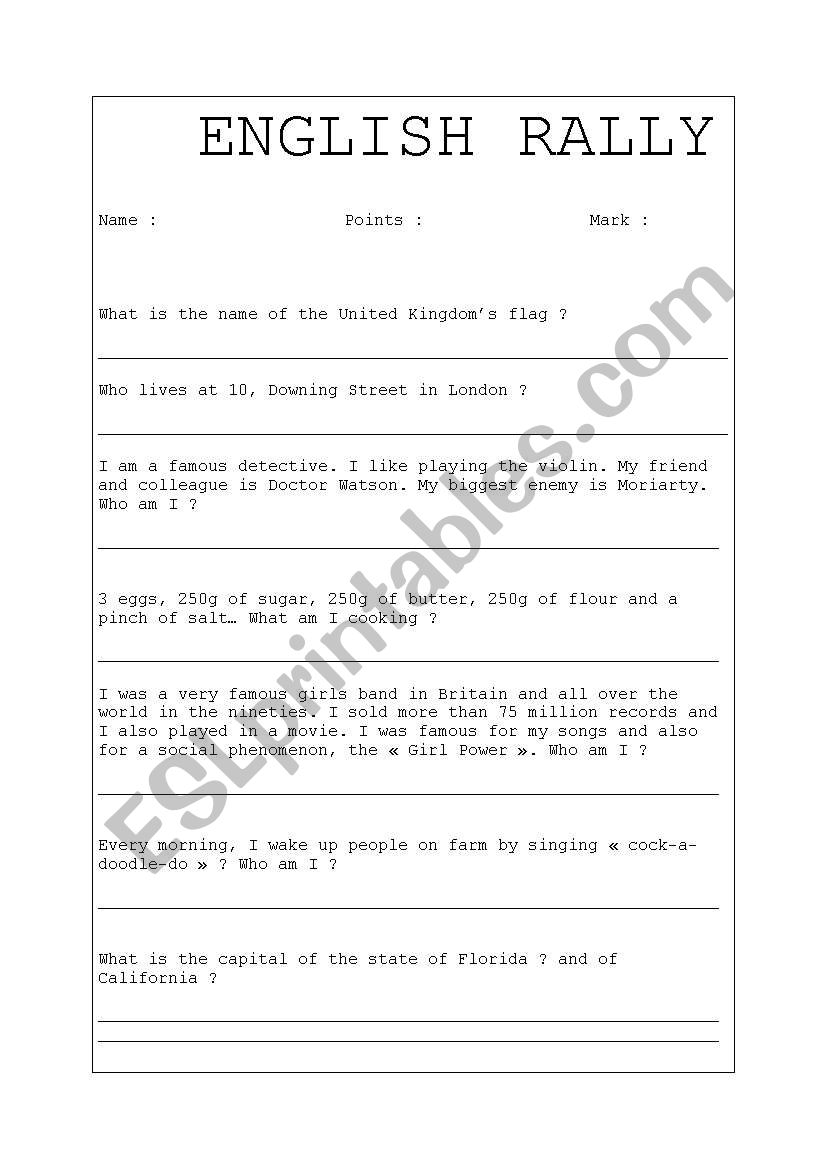 english rally worksheet