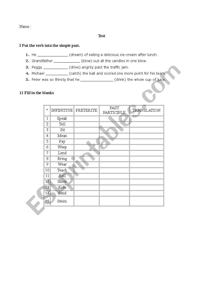 Test on irregular verbs worksheet