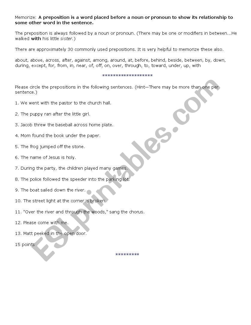Prepositions Worksheet worksheet