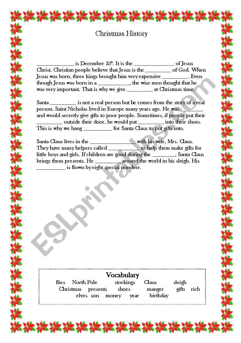 Christmas Cloze History Worksheet